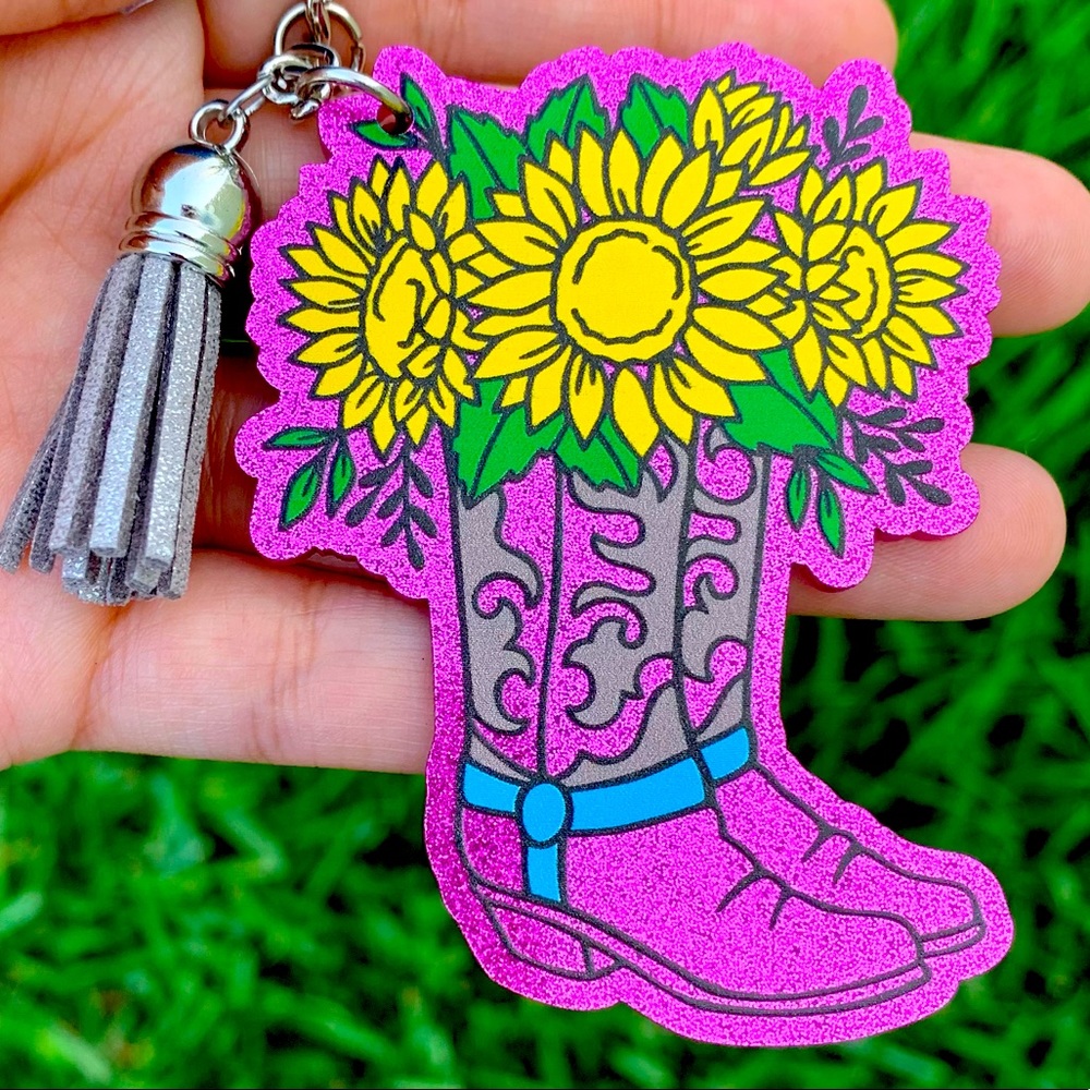 Pink Sunflower Boot Keychain